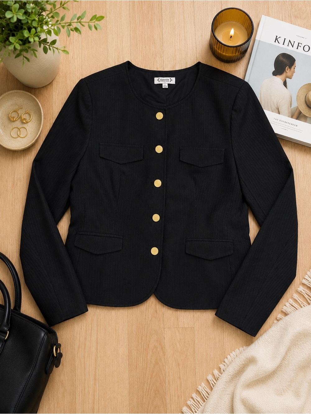 Nanette Nanette Lepore Black Gold Button Collarless Blazer Jacket XL - Picture 1 of 3